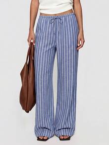 Avenya Low Waist Denim Effect Striped Straight Leg Wide Leg Long Pants For Women, Casual Daily Commute - Blue - View 6