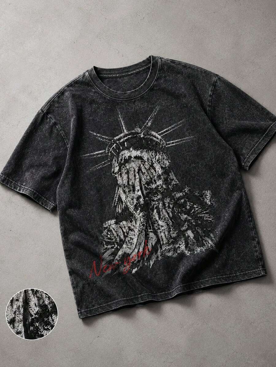 Manfinity EMRG 男士大尺碼水洗圓領短袖時尚印花復古T恤,夏季,度假 - 黑色 - 查看 1