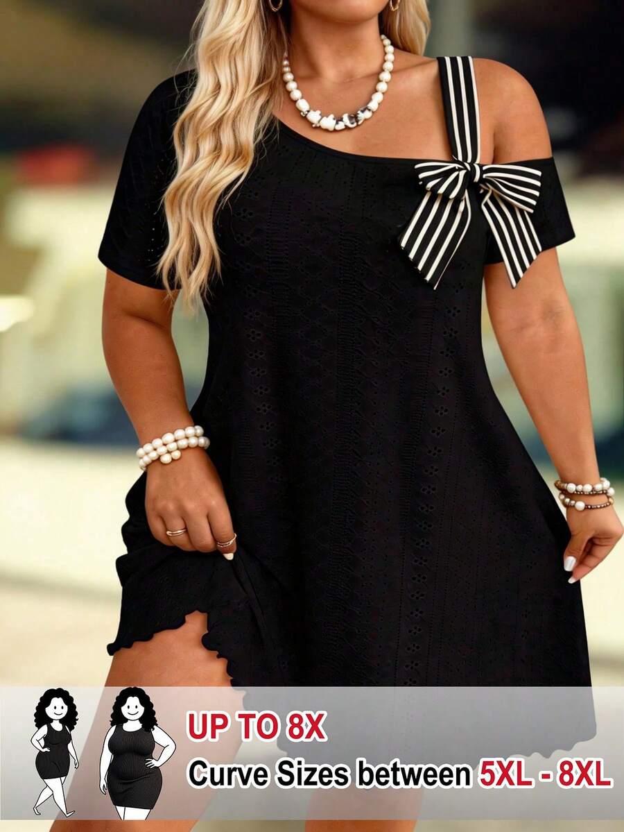 SHEIN CURVE+ Plus Size Women Textured Hollow-Out Knit Casual Striped Patchwork Short Sleeve Dress With Bow Tie, Black And White, Summer, Cute, Elegant, For Work - Black - View 1