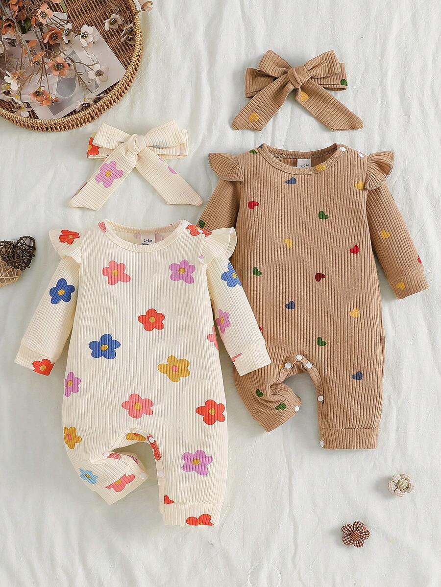 SHEIN Colorful Cartoon Print Newborn Baby Romper, Heart & Flower All-Over Print, Casual Cute Knitted Comfortable - Multicolor - View 1