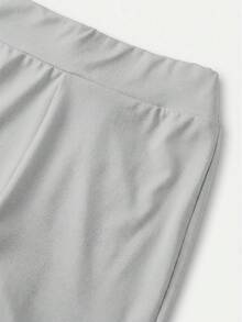 SHEIN 兒童青少年女孩休閒純色咖啡棕長袖上衣與喇叭褲兩件套 - 灰色 - 查看 8