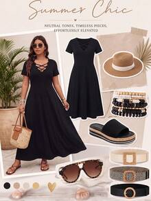 SHEIN Clasi Plus Size Women Summer Black Elegant Business Casual Formal Vacation Dates Dinner Evening Autumn V-Neck Waist Gathered A-Line Dress - Black - View 8