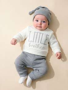 SHEIN 3pcs Baby Boy Little Brother Cute Casual Letter Graphic Ribbed Long Sleeve Top Soft Thick 2 Pieces Sets Outfit Sweat Pants Fall Clothes Autumn Winter - Multicolor - View 3