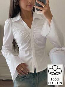 SHEIN 青少年女孩V領荷葉邊喇叭袖收腰黑色長袖襯衫 - 白色 - 查看 3