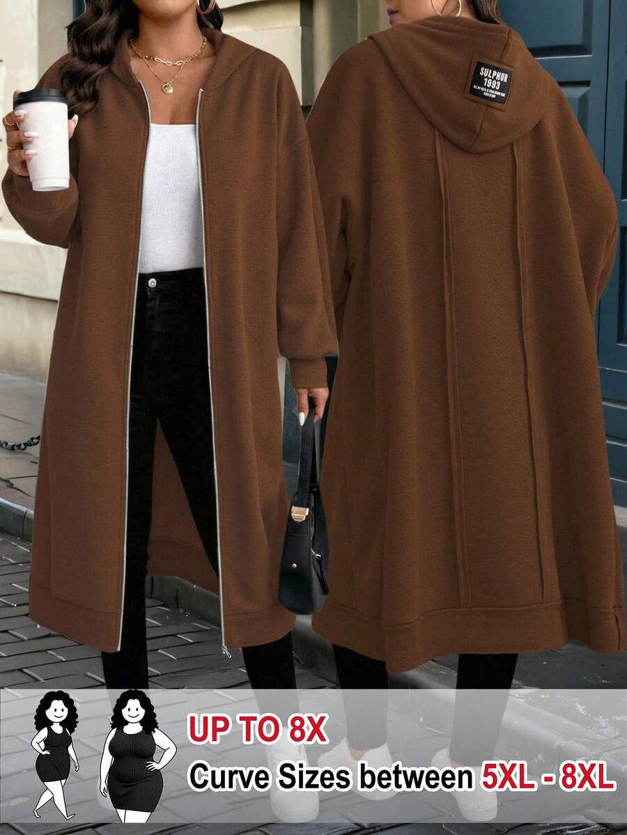 SHEIN CURVE+ 大码女式休闲百搭长款运动衫,深灰色,秋冬 - 棕色 - 查看 1
