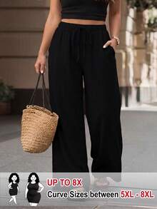 SHEIN CURVE+ Plus Size Solid Color Casual Pants Fall - Black - View 1