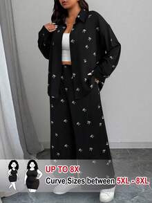 SHEIN CURVE+ 大尺碼女款兩件套秋季套裝，多功能高級印花蝴蝶結設計 - 黑色 - 查看 1