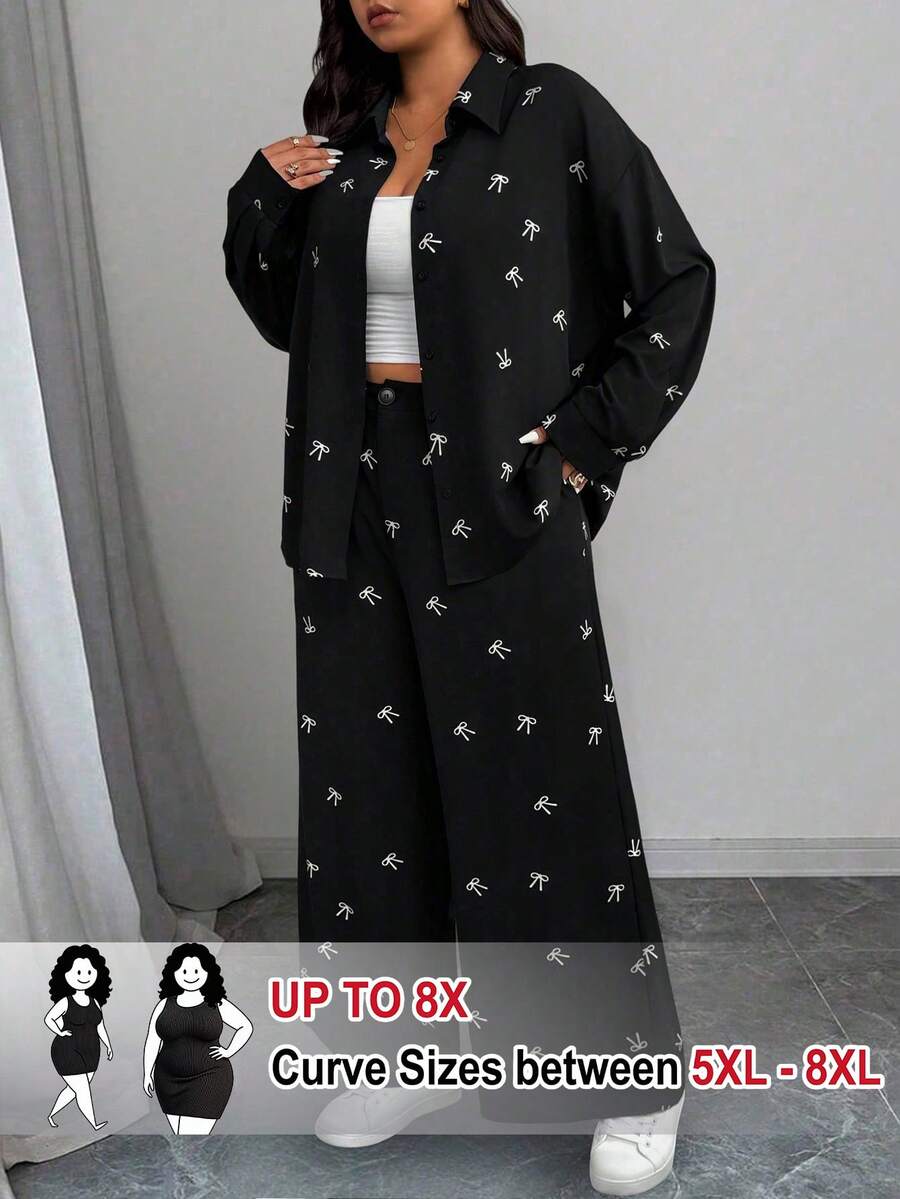 SHEIN CURVE+ 大尺碼女款兩件套秋季套裝,多功能高級印花蝴蝶結設計 - 黑色 - 查看 1