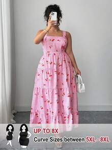 SHEIN CURVE+ Plus Size Women's Long Cherry Print Design Dress, Spring/Summer - Multicolor - View 1