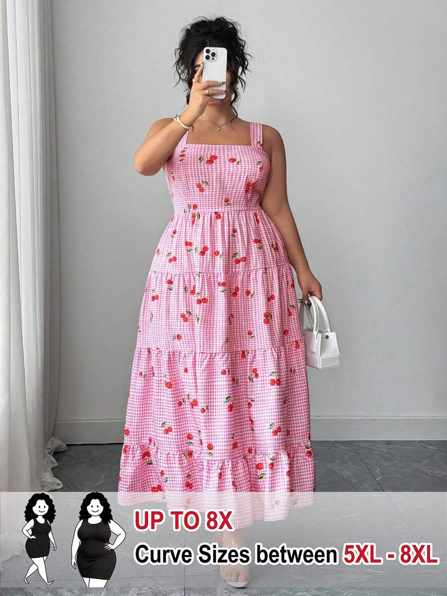 SHEIN CURVE+ Plus Size Women's Long Cherry Print Design Dress, Spring/Summer - Multicolor - View 1