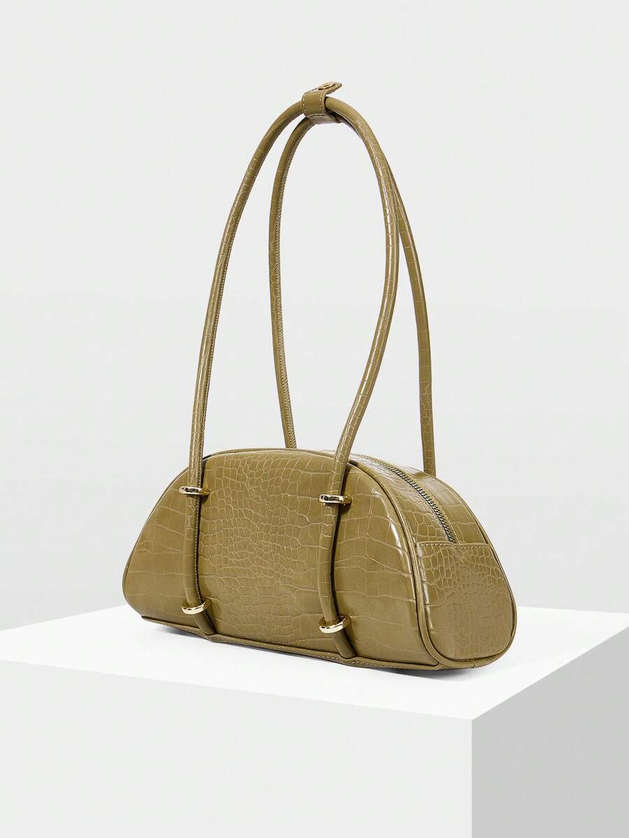 MOTF WOMEN'S FASHION RETRO OLIVE GREEN CROCODILE PATTERN SHOULDER BAG, SIMPLE AND CHIC HALF-MOON BAG, FOR DAILY, COMMUTING, SHOPPING, TRAVEL, FESTIVALS - Olive Green - View 2