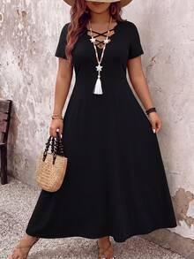 SHEIN Clasi Plus Size Women Summer Black Elegant Business Casual Formal Vacation Dates Dinner Evening Autumn V-Neck Waist Gathered A-Line Dress - Black - View 7