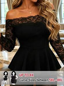 SHEIN CURVE+ Plus Size Women's Elegant Off-Shoulder Lace Patchwork Solid Color Knit T-Shirt Brown Autumn Gym - Black - View 1
