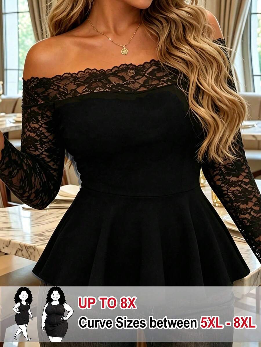 SHEIN CURVE+ Plus Size Women's Elegant Off-Shoulder Lace Patchwork Solid Color Knit T-Shirt Brown Autumn Gym - Black - View 1