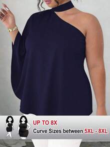 SHEIN CURVE+ 大码女装时尚纯色不对称下摆不对称领口衬衫 - 藏蓝色 - 查看 1