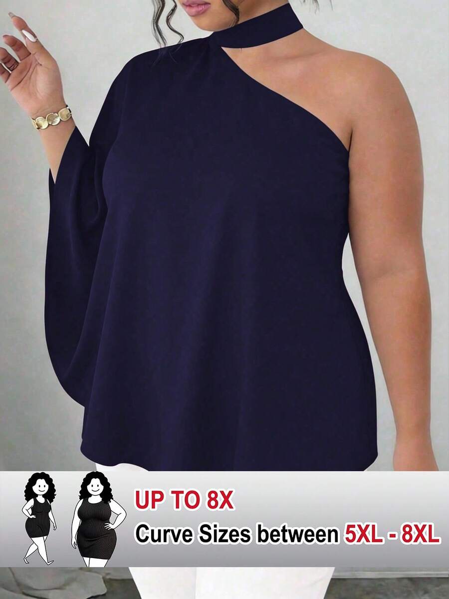 SHEIN CURVE+ 大码女装时尚纯色不对称下摆不对称领口衬衫 - 藏蓝色 - 查看 1