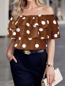 Elenzga Plus Size Women Classic Polka Dot Print Ruffle Off-Shoulder Blouse - Mocha Brown - View 8
