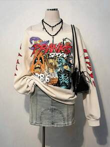 SHEIN EZwear 女款字母印花露肩休閒日常長袖衛衣 - 彩色 - 查看 2