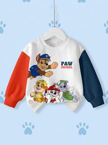 SHEIN | PAW Patrol 年轻男孩休闲时尚街头卡通字母印花撞色落肩宽松套头卫衣 - 白色 - 查看 1