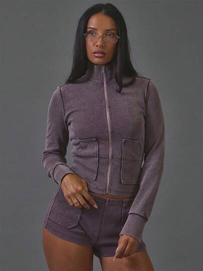 MUSERA Purple Ribbed High Neck Zip Up Long Sleeve Jakcet And Pocket Detail Micro Mini Shorts Sold As Set