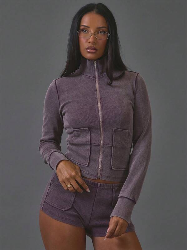 MUSERA Purple Ribbed High Neck Zip Up Long Sleeve Jakcet And Pocket Detail Micro Mini Shorts Sold As Set