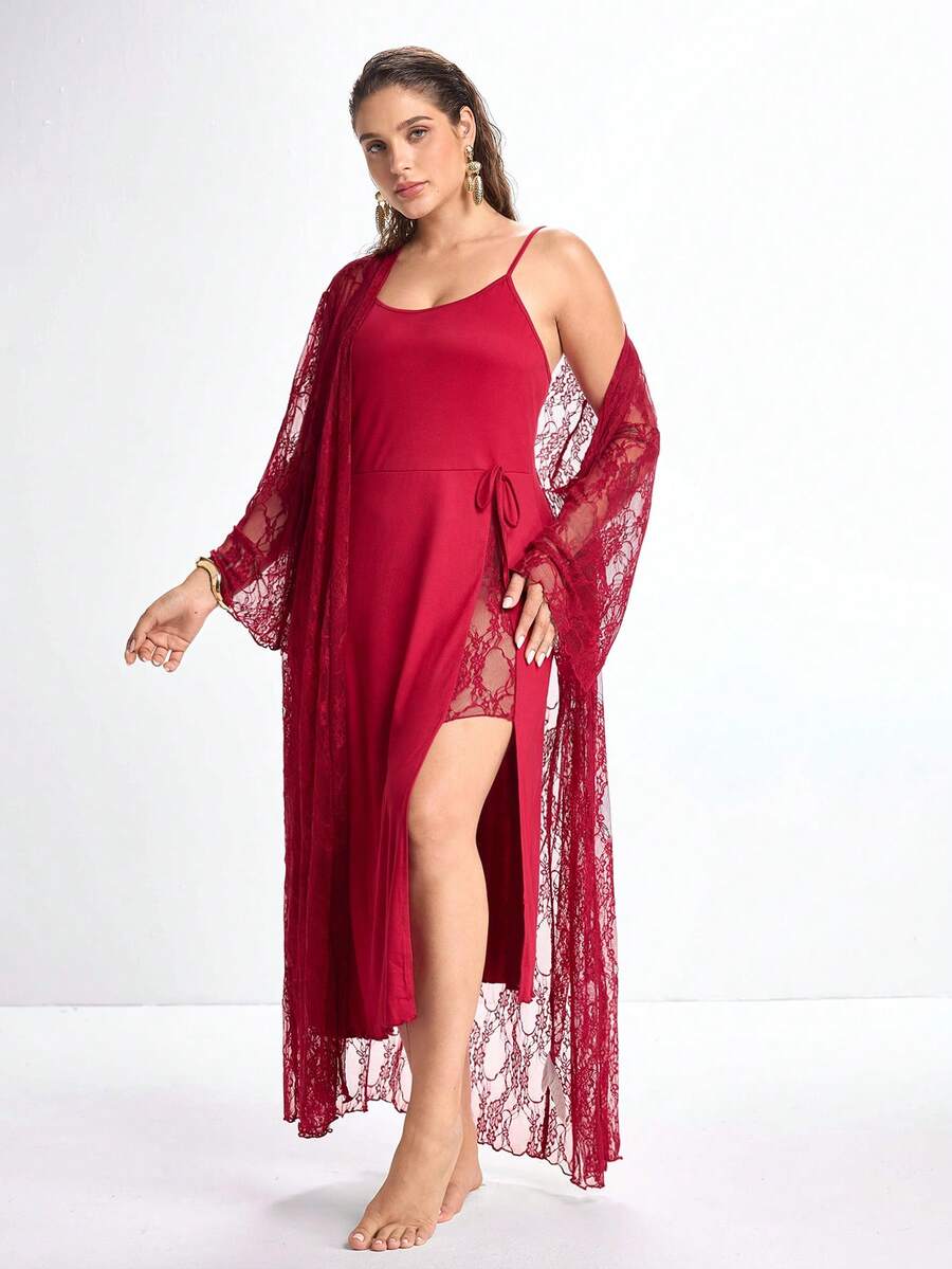 Slumbrini Elegant Lace Sheer Robe & Slit Cami Nightgown Plus Size Sleepwear Set For Women - Red - View 1