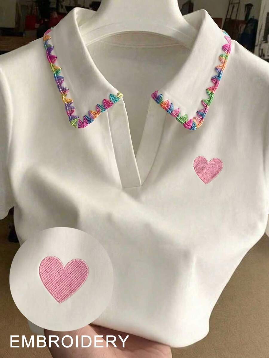 Resyla 大尺碼時尚優雅刺繡短袖上衣,適合日常穿著 - 彩色 - 查看 1