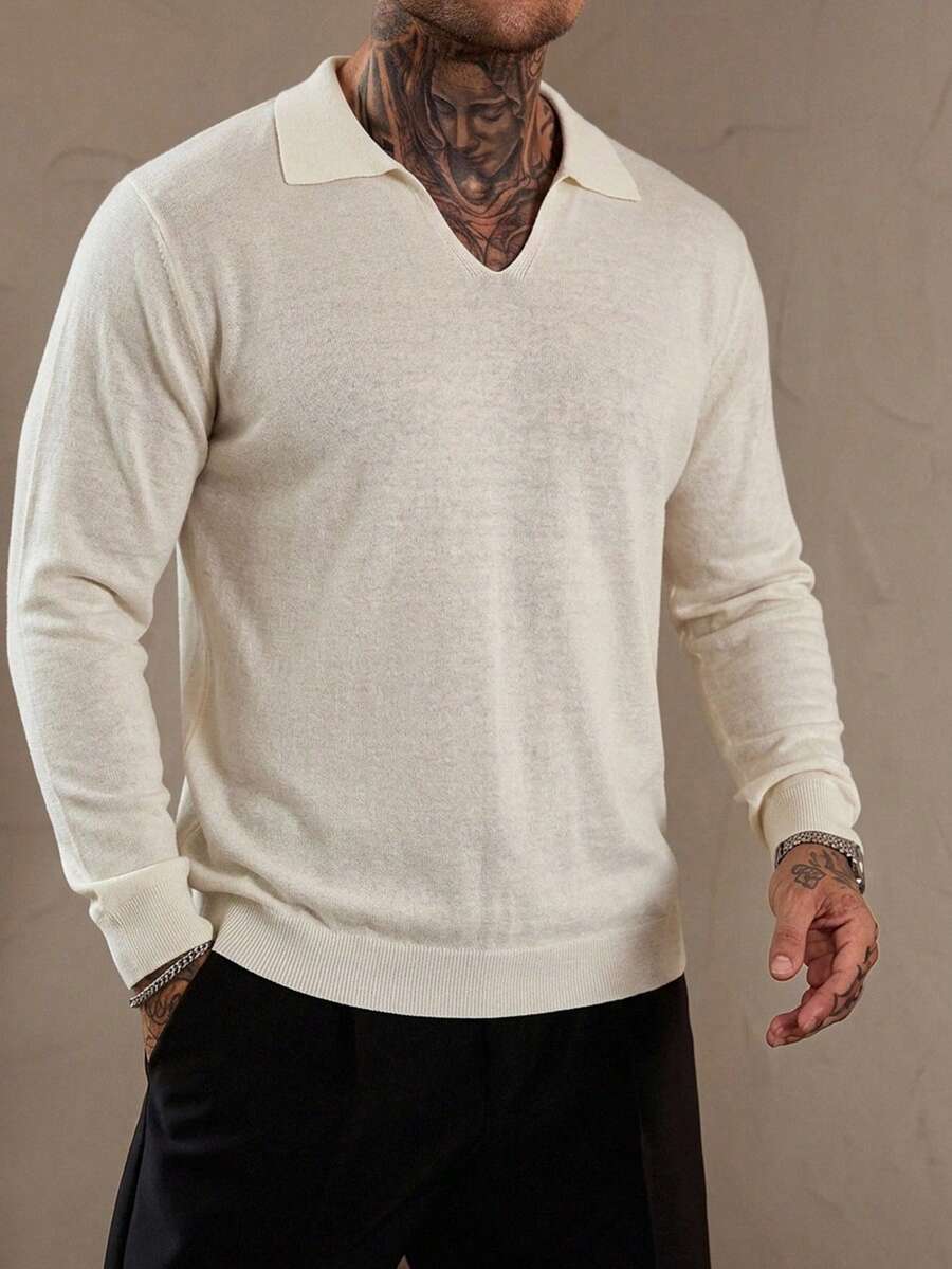 DAZY Camiseta de punto gris con cuello para hombre de manga corta - Beis - Ver 1