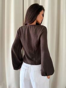Aloruh Brown Woven Women's Deep V-Neck Fitted Waist Blouse,Going Out - Brown - View 2