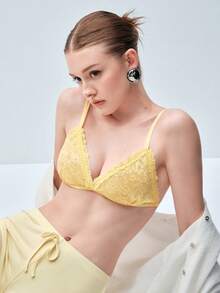 Softvol 1pc Women's Sexy Shiny Lace Wireless Comfortable Triangle Cup Backless Bra - Yellow - View 8
