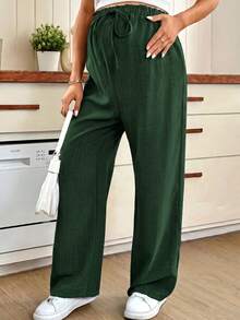 SHEIN Maternity Solid Color Adjustable Waist Wide Leg Long Pants - Dark Green - View 5