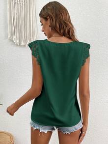 SHEIN VCAY 女款蕾絲拼接V領休閒百搭日常穿著襯衫 - 墨綠色 - 查看 2