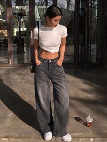 SHEIN EZwear 女款寬腿毛絨復古寬鬆休閒牛仔褲，萬聖節秋季休閒牛仔女郎牛仔褲，返校季 - 黑色 - 查看 5