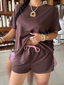 Muchica Spring/Summer Comfortable Casual Cowboy Chocolate Brown Plus Size 2 Pieces Set Vacation Office Sport Sport Sport - Brown - View 7