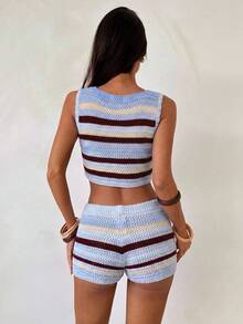 Aloruh Y2K Street Style Vintage Women's Autumn/Winter Striped Knit Tank Top And Knit Shorts Set - Blue - View 2