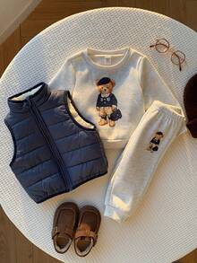 SHEIN Baby Boy Letter Pattern Knit Soft Crew Neck Long Sleeve Pullover Sweatshirt, Elastic Waist Long Autumn Pants, Sleeveless Vest 3-Piece Set - Multicolor - View 1