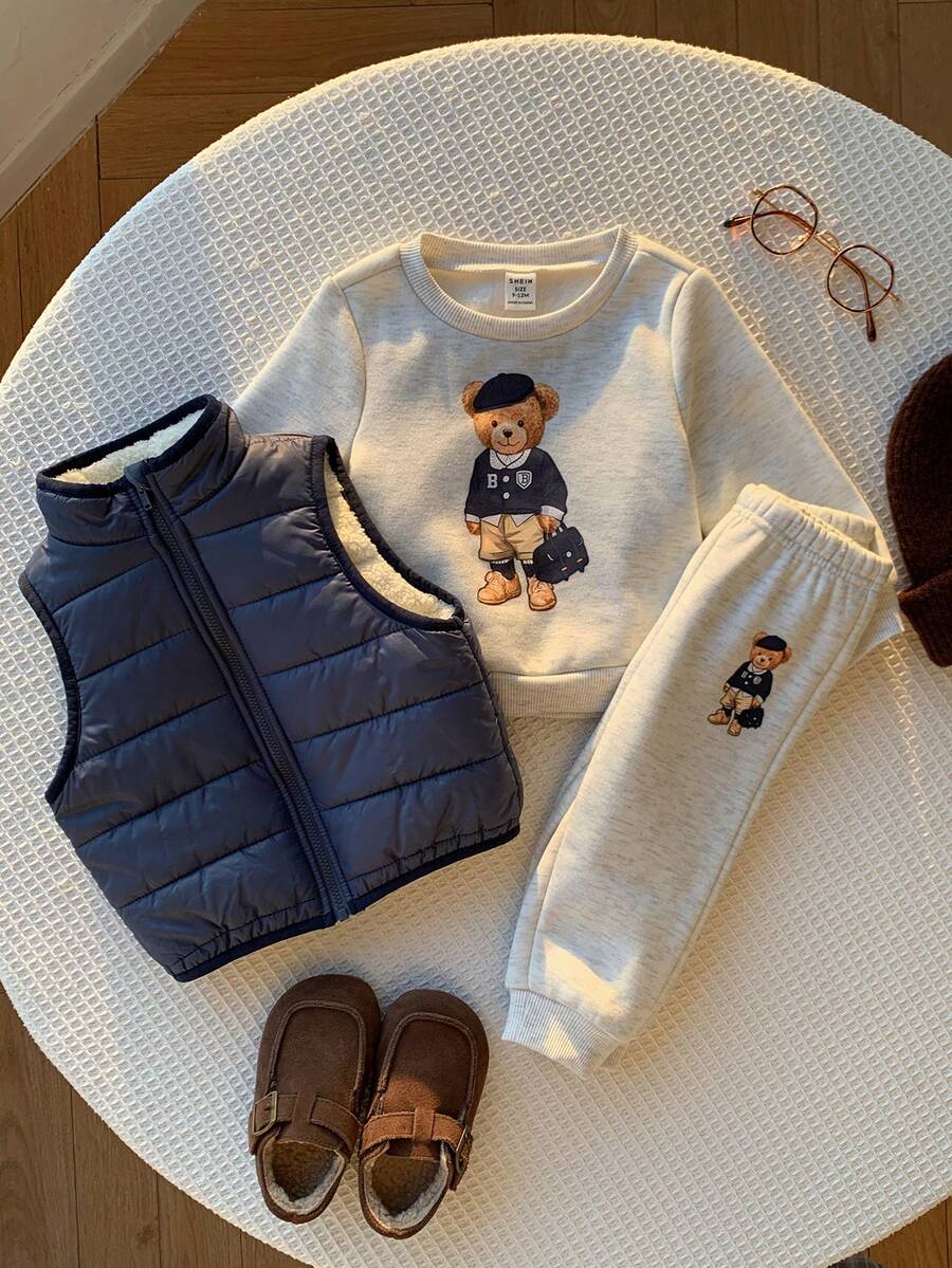 SHEIN Baby Boy Letter Pattern Knit Soft Crew Neck Long Sleeve Pullover Sweatshirt, Elastic Waist Long Autumn Pants, Sleeveless Vest 3-Piece Set - Multicolor - View 1