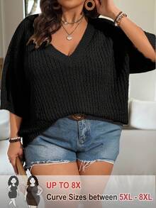 SHEIN CURVE+ Maglione casual oversize con scollo a V, maniche corte e design traforato, adatto per primavera ed estate - nero - Visualizzare 1