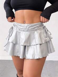SHEIN MOD Plus Size Summer Fashion Ruffle Skirt Fall - Silver - View 6