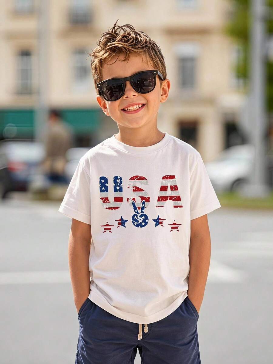 SHEIN Young Boy Independence Day Letter Print Short Sleeve Crew Neck T-Shirt - White - View 1