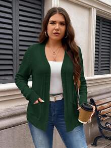 SHEIN LUNE 大尺碼休閒百搭純色藍色針織開襟衫修身女款開襟衫適合秋冬 - 墨綠色 - 查看 4