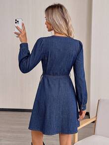 Easowa Women's Lace-Up Wrap Denim Dress - Blue - View 2