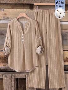 SHEIN RusticEase Petite 女款休閒長袖上衣與長褲兩件套，條紋套裝居家服，米色，秋季 - 卡其色 - 查看 1