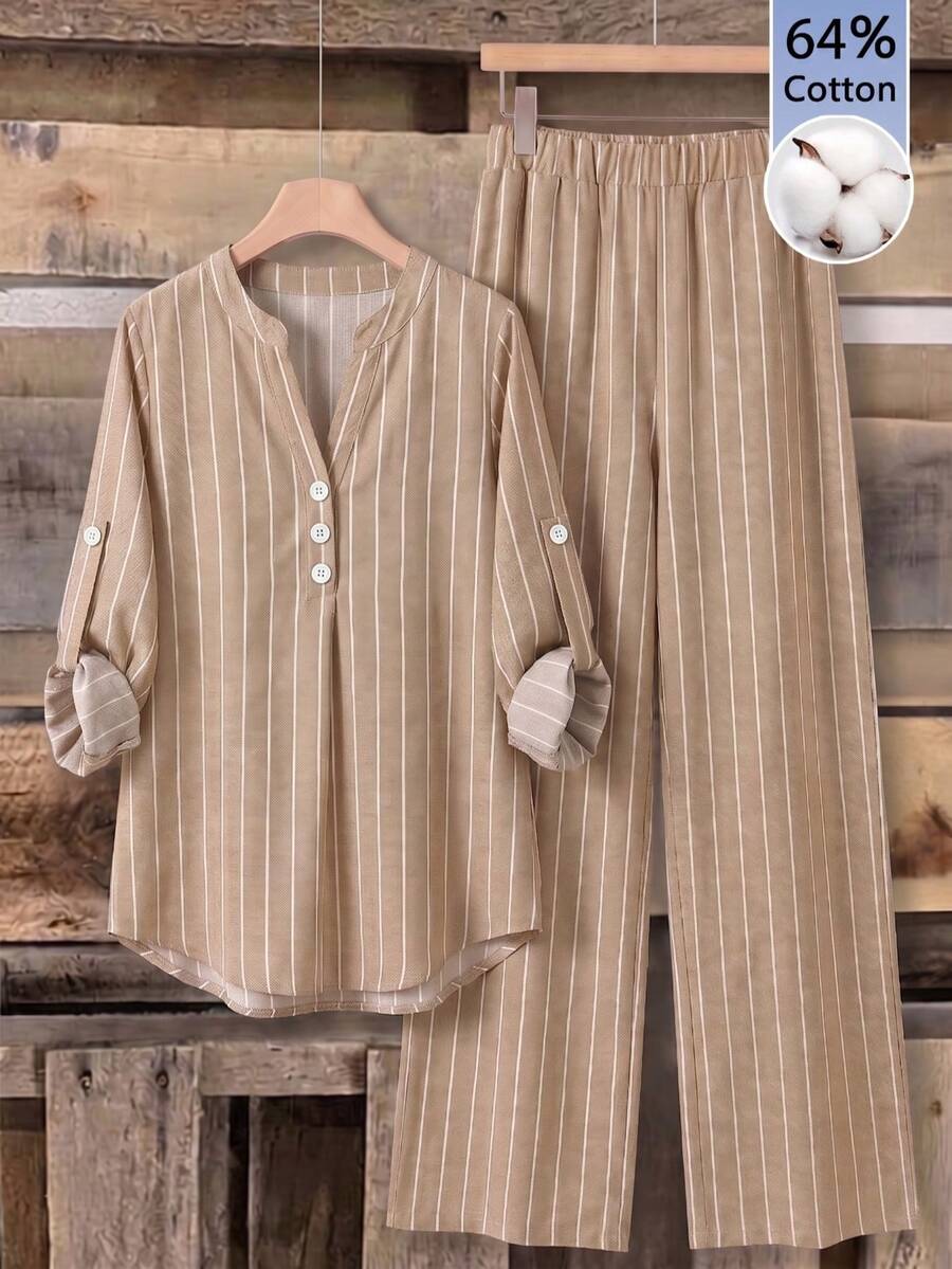 SHEIN RusticEase Petite 女款休閒長袖上衣與長褲兩件套,條紋套裝居家服,米色,秋季 - 卡其色 - 查看 1
