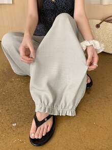 DAZY 女款純色寬鬆燈籠褲 九分長休閒度假夏季長褲 - 杏色 - 查看 5