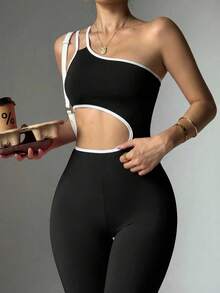 Slayform Slayform Young & Energetic Sporty Jumpsuit, Black & White Cutout One-Shoulder Design - Black and White - View 6