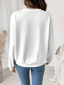 SHEIN LUNE 休閒極簡印花圓領長袖寬鬆女款運動衫 豹紋愛心設計 - 白色 - 查看 2