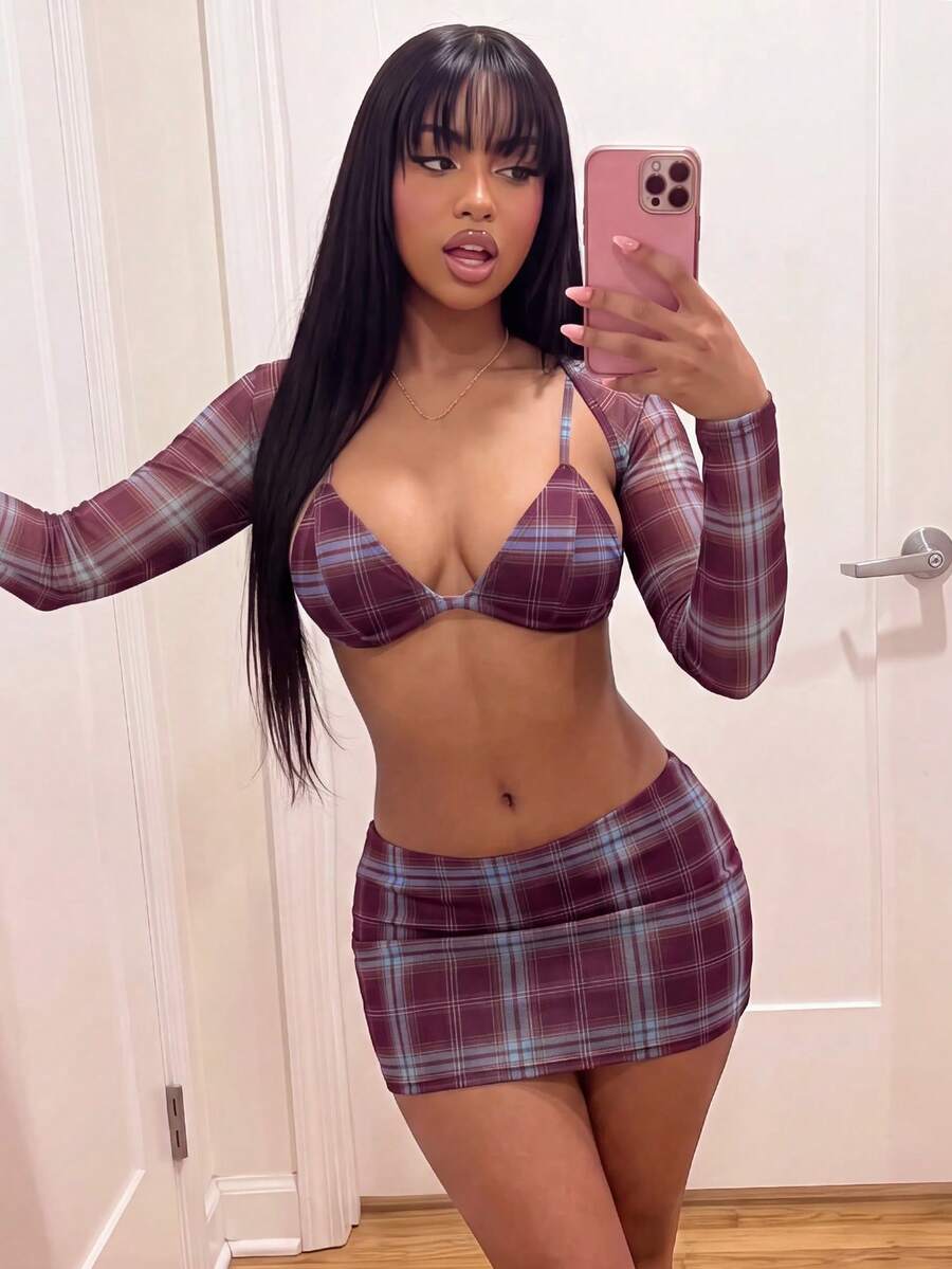 Amplova Back To School Season Triangle Cup Long Sleeve Mesh Cropped Top & Low Waist Skirt Women's Set - Multicolor - View 1