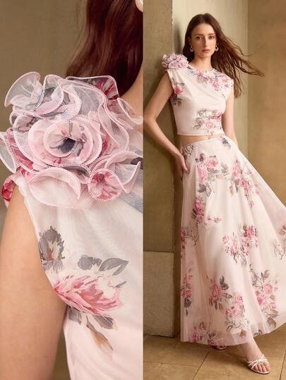 MOTF PREMIUM Conjunto de top corto sin mangas y falda con estampado floral de malla y decoración de flores 3D, estilo elegante y romántico para mujer