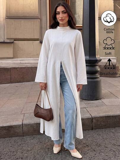 Elenzga Cream White Pleated Blazer-Style Mock Neck Loose Long Sleeve Dress With Side Slits, Minimalist Casual Outerwear For Cafe And Daily Shopping